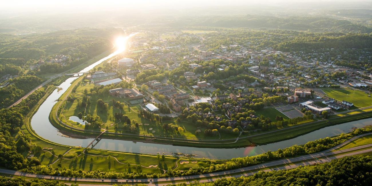 Aerial view of Ohio University's Athens campus at sunset