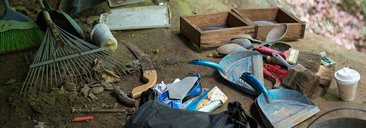 Archaeology Field School tools near at excavation site near Athens, Ohio. 