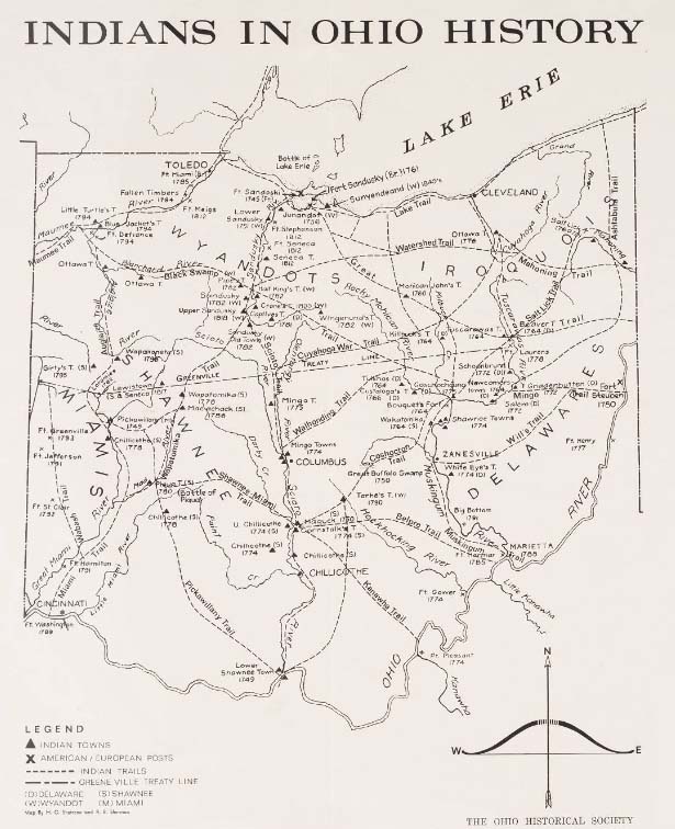 	 A map of Ohio Indian village sites and trails, done by H.C. Shetrone and R.B. Sherman of the Ohio Historical Society. Also included on the map are American and European posts, the Greenville Treaty line, and notations for whether an Indian town was associated with the Delaware, Wyandot, Shawnee or Miami tribe. A chronology printed on either side of the map covers Ohio's history and settlement, as well as interactions between American Indians and settlers, from 1669 until 1842. Shetrone was Curator of Arch