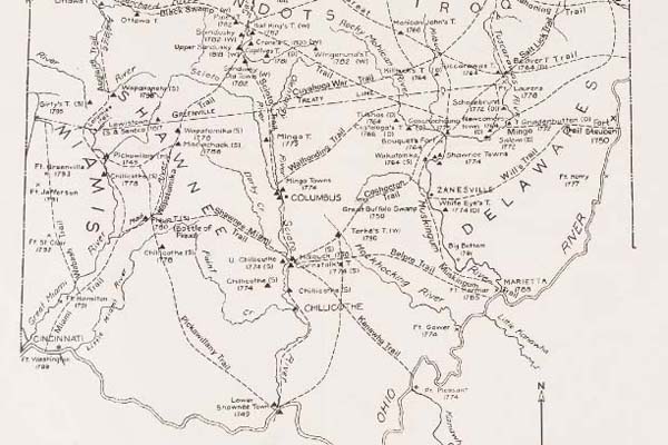 A map of Ohio Indian village sites and trails, done by H.C. Shetrone and R.B. Sherman of the Ohio Historical Society. Also included on the map are American and European posts, the Greenville Treaty line, and notations for whether an Indian town was associated with the Delaware, Wyandot, Shawnee or Miami tribe. A chronology printed on either side of the map covers Ohio's history and settlement, as well as interactions between American Indians and settlers, from 1669 until 1842. Shetrone was Curator of Archae