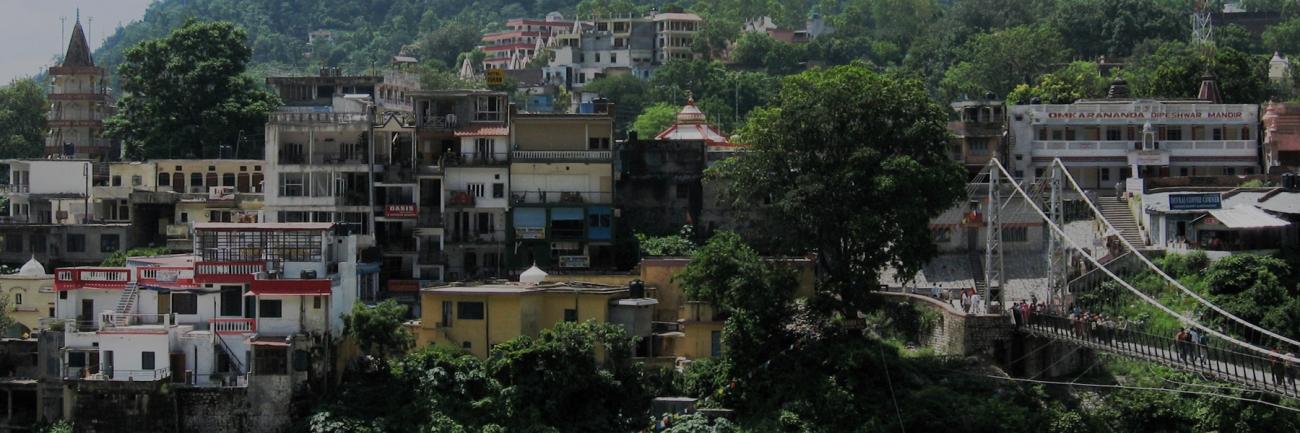 Rishikesh, India, with Lakshman Jhula bridge over the river Ganges.