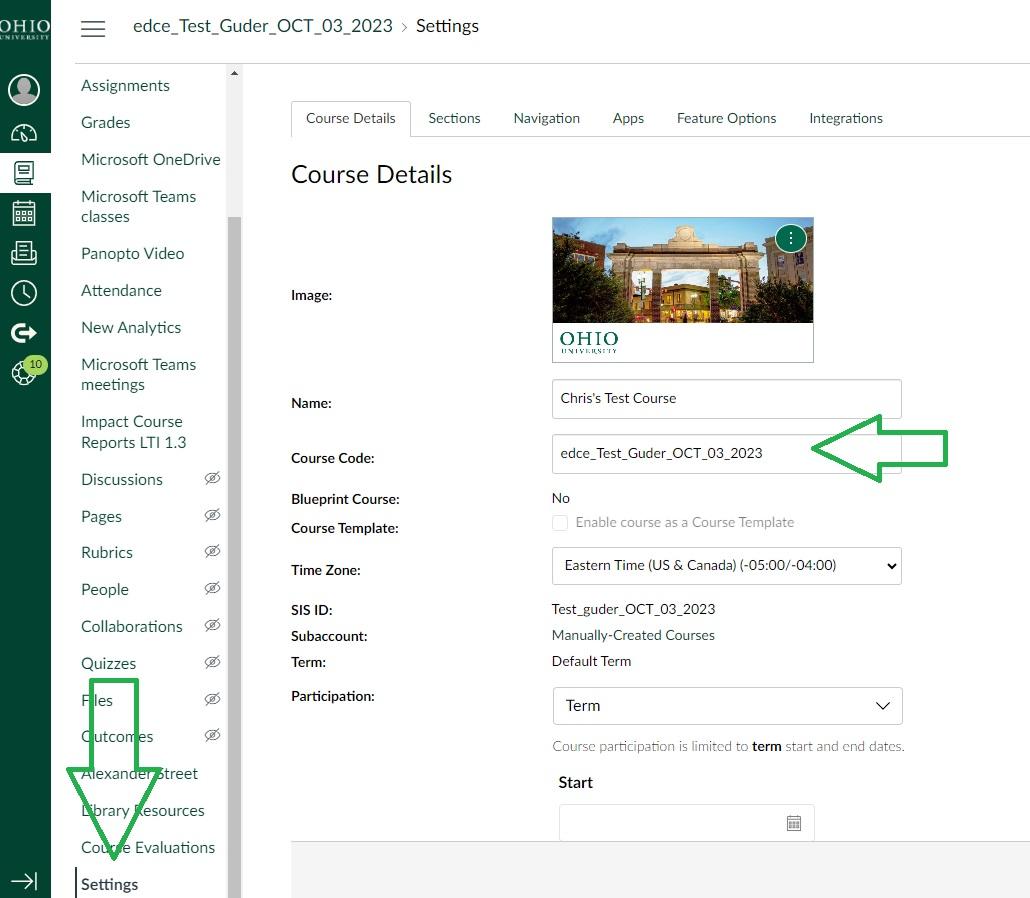 Screenshot of a Canvas instructor screen with the Settings left menu item and Course Code text box indicated