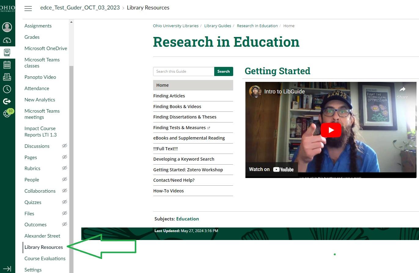 Screenshot of a Canvas course (student view) with the Library Resources left menu item indicated