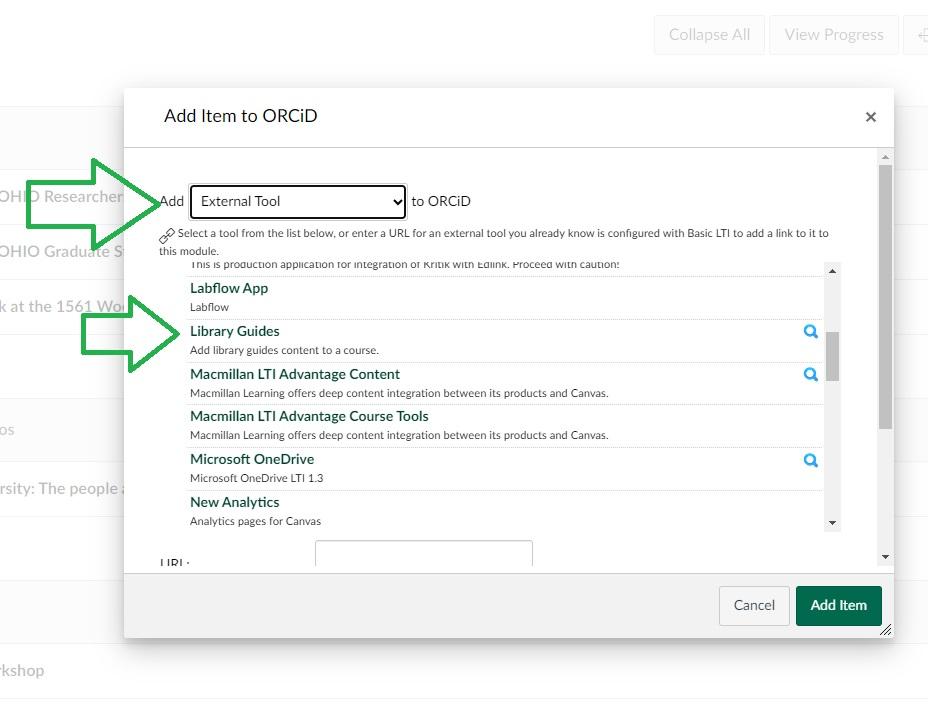 Screenshot of a Canvas Add Item to Module dialog with the Library Guides item indicated