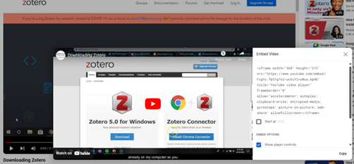 YouTube screen showing embed code for a video