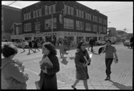 Pedestrians crossing at South Court Street and East Union Street intersection, 1969