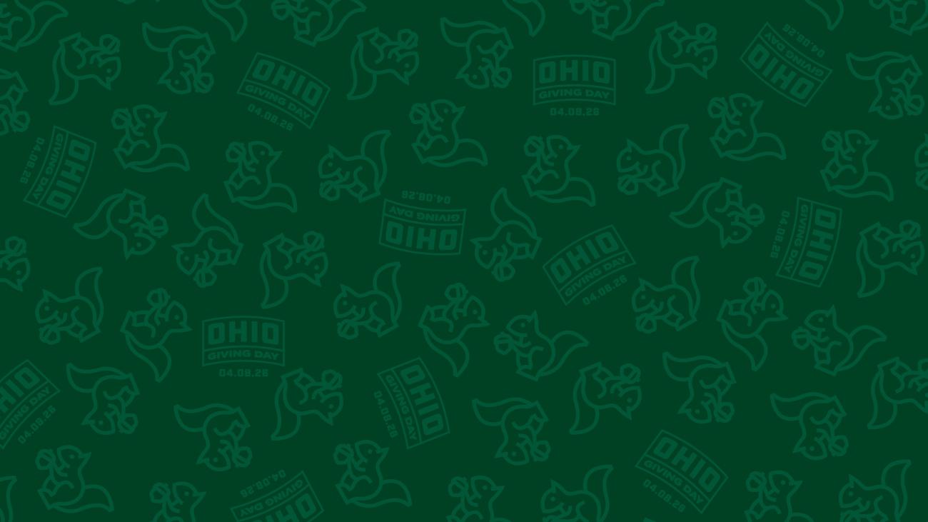 Dark green background with squirrel holding an acorn and OHIO Giving Day logo repeated.