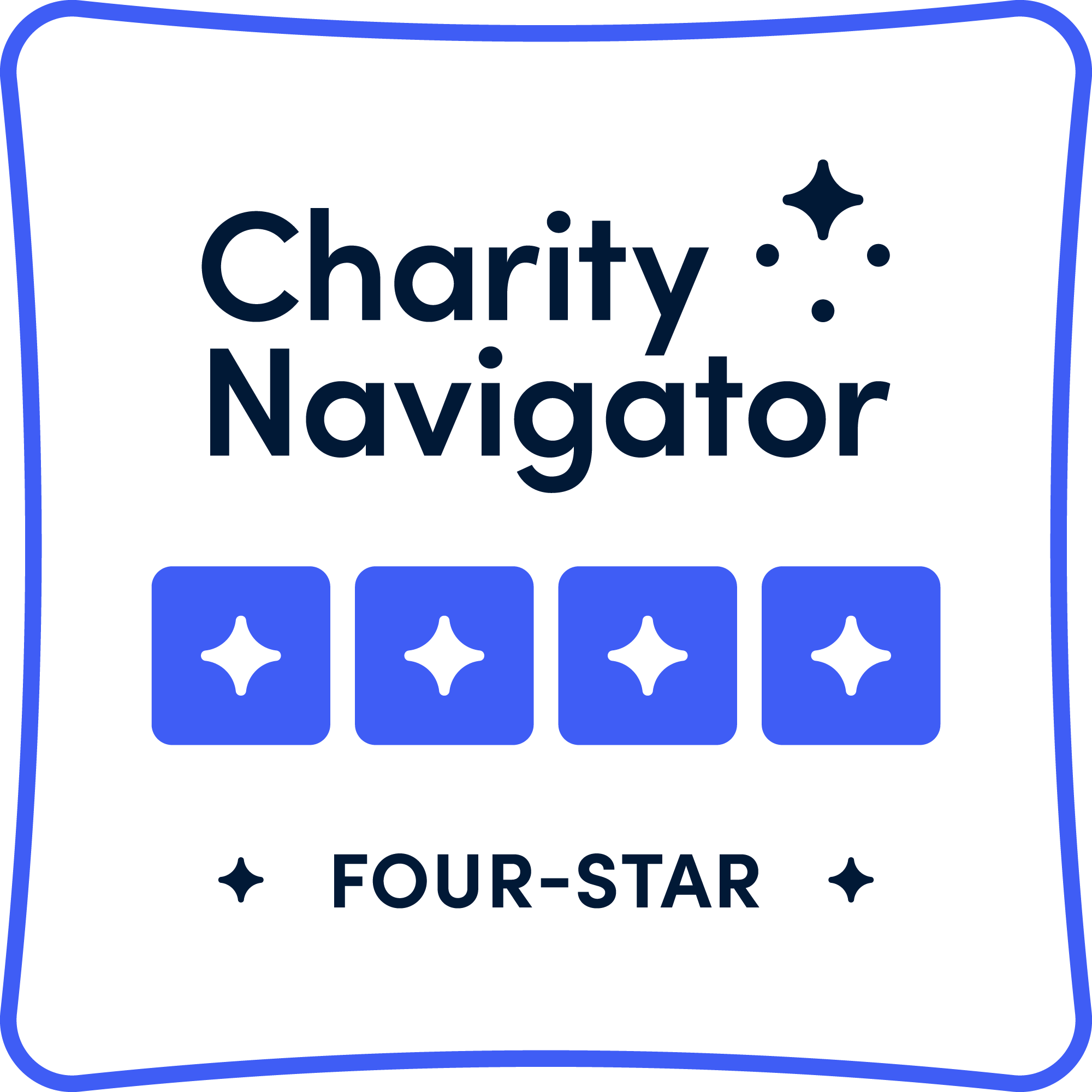 Text on square logo, "Charity Navigator, Four Star."