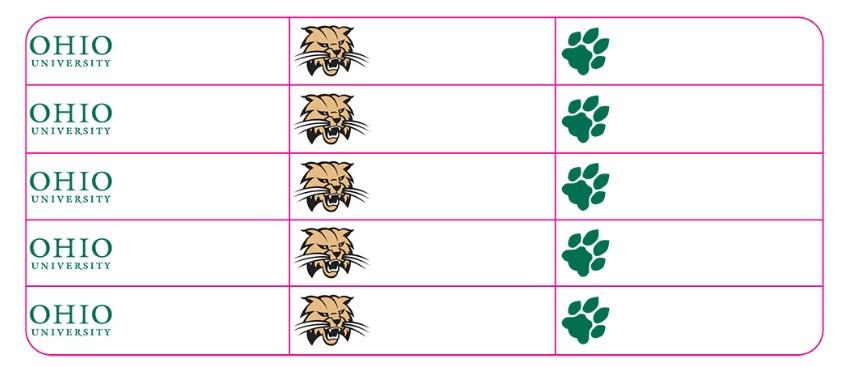 Three columns, Ohio University logo in first, Bobcat in second, paw print in third.