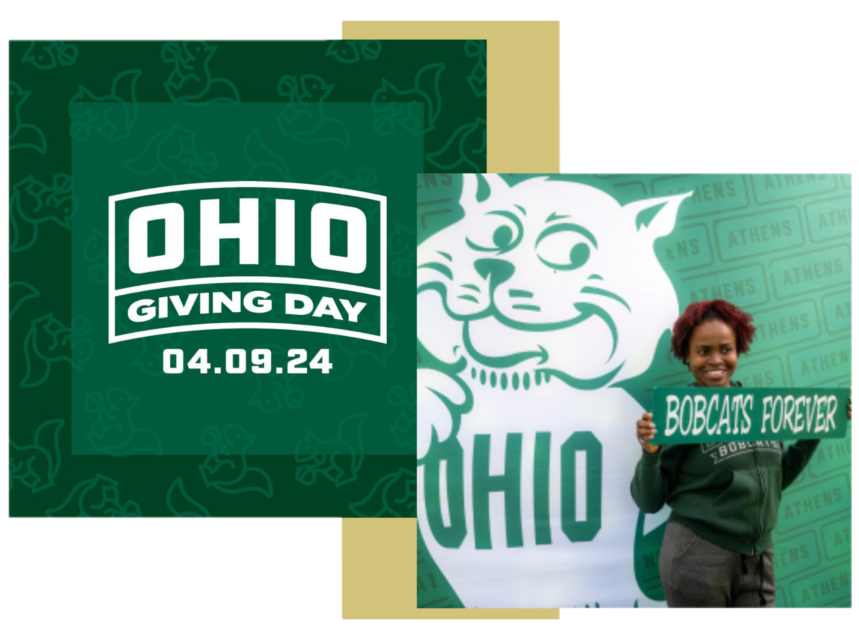 Giving Day logo with date 4/9/2024 and student holding sign that reads, "Bobcats Forever."