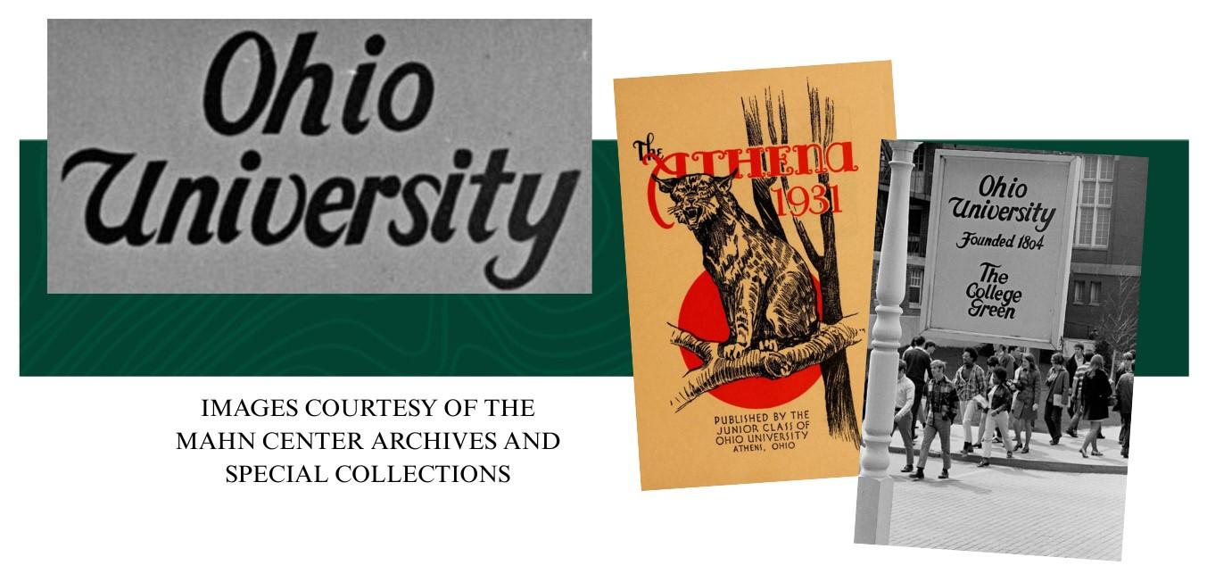 Historical documents showing vintage Bobcat and Ohio University designs used on journal.