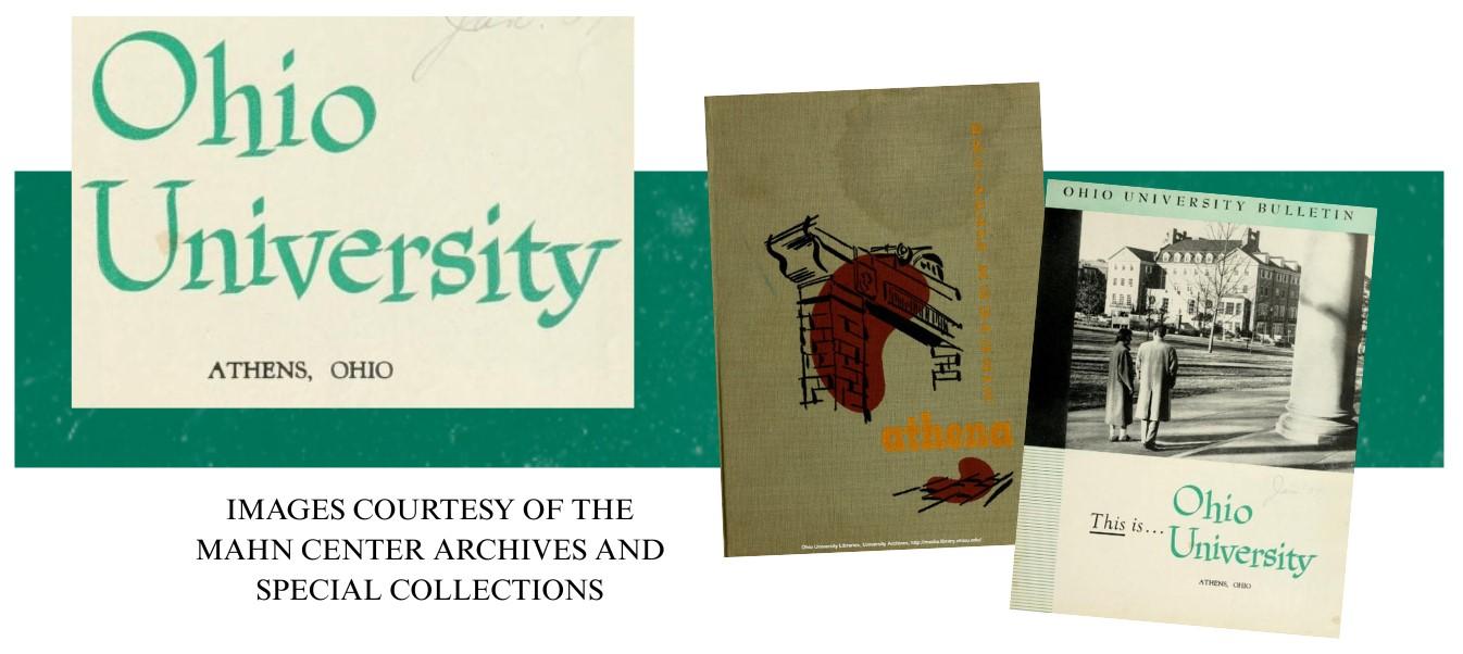 Historical documents showing gateway art and vintage Ohio University logo.
