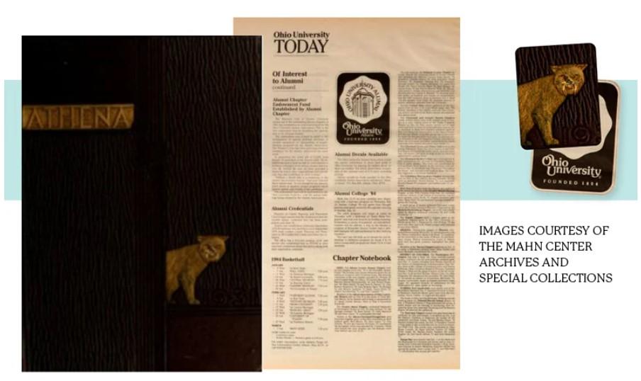Historical documents showing bobcat and Ohio University designs used on journal.