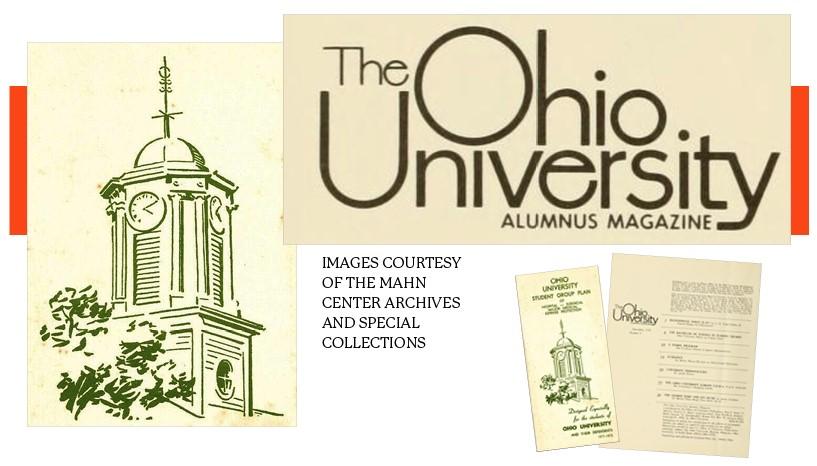 Images of the Cutler Hall art from 1971 and vintage Ohio University text from 1976 issue of The Ohio University Alumnus Magazine.