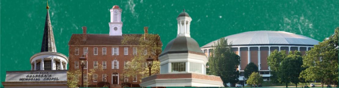 Campus buildings featured in journal design, Galbreath Chapel, Cutler Hall, Baker University Center, and Convocation Center.
