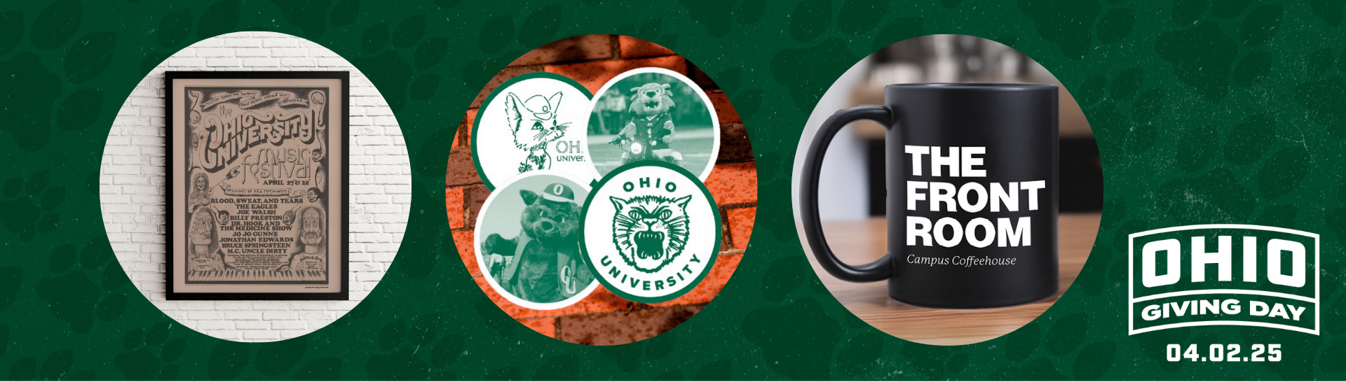 Graphic showing images of early giving incentive items: a poster, coasters with Bobcat mascots, and coffee mug.