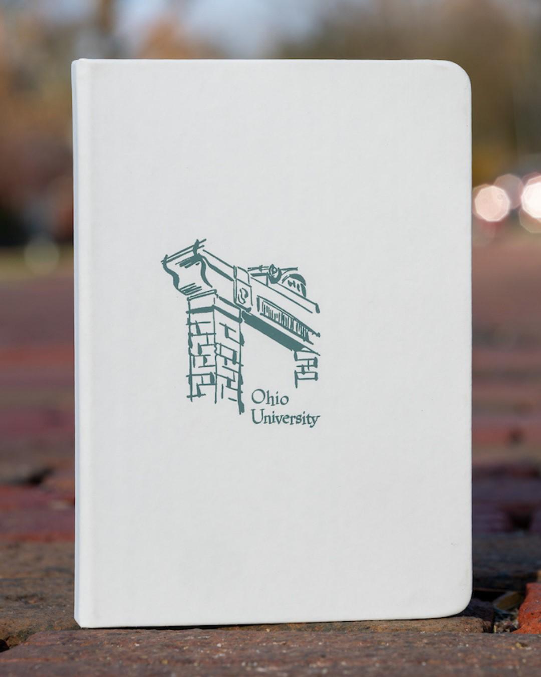 White journal with vintage gateway and Ohio University designs.