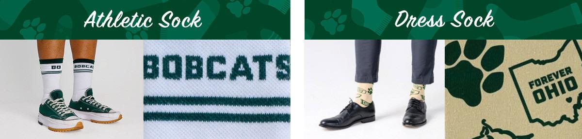Design showing Athletic socks on left and dress socks on right. Each pair is shown on legs from knee down.
