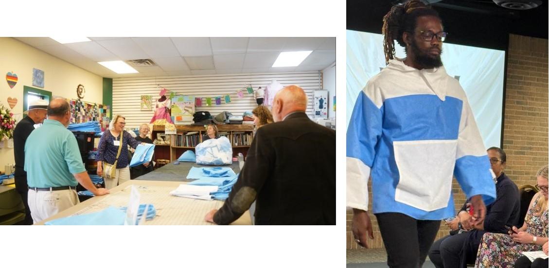 Two images, one with group around table full of blue wrap fabric, second of person wearing sweatshirt made with recycled blue wrap fabric.