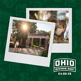 Two polaroid campus beauty images overlaying a green background with squirrel designs.