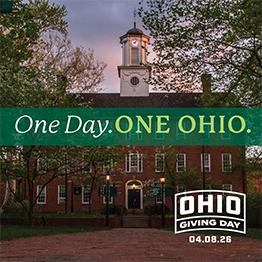 A photo of Cutler Hall at sunset with the words, "One Day. One OHIO."