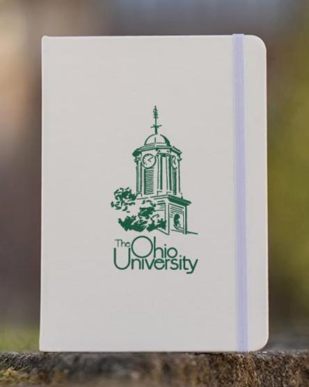 White journal with Cutler Hall Art and vintage Ohio University logo.