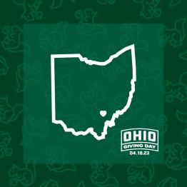 Dark green background with squirrels everywhere and white outline of Ohio with heart over Athens and OHIO Giving Day logo.