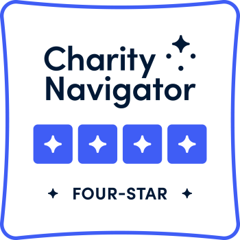 Text on square logo, "Charity Navigator, Four Star."