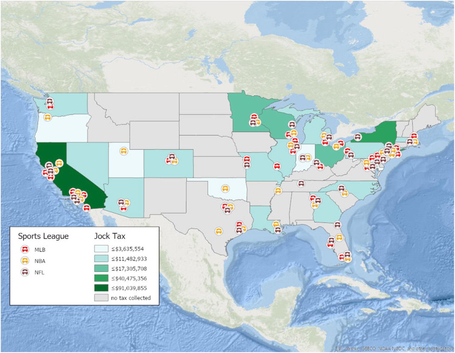 Image of United States Map and Jock Tax impact locations